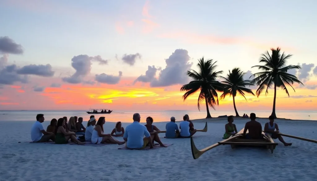 Tourists enjoying sunset on a South Tarawa beach with traditional outrigger canoes
