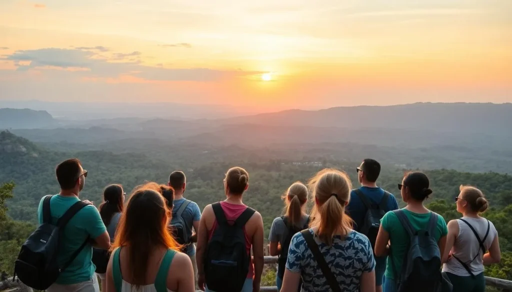 Tourists enjoying sunset views from a viewpoint in the Acarai Mountains