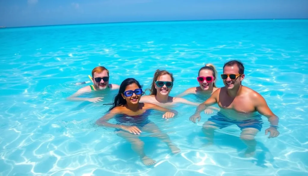 Tourists enjoying swimming and snorkeling in the crystal clear waters of Playa Paraiso Cayo Largo del Sur Cuba Tourists enjoying swimming and snorkeling in the crystal clear waters of Playa Paraiso Cayo Largo del Sur Cuba