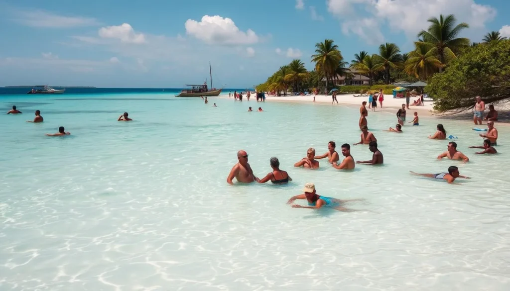 Tourists enjoying the crystal clear waters at Playa Coral near Matanzas, Cuba