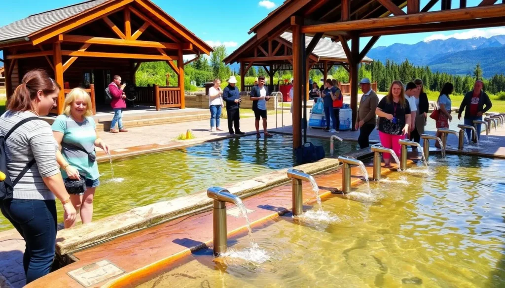 Tourists enjoying the mineral springs in Arshan town, Tunkinsky National Park Tourists enjoying the mineral springs in Arshan town, Tunkinsky National Park