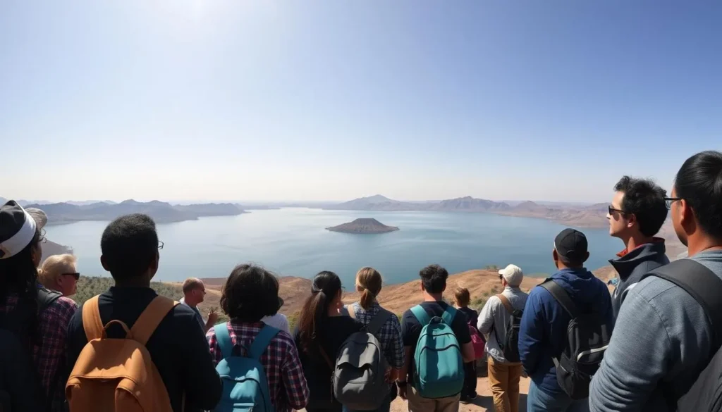 Tourists enjoying the scenic landscape of Lake Shala in Ethiopia's Rift Valley Tourists enjoying the scenic landscape of Lake Shala in Ethiopia's Rift Valley