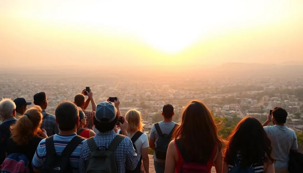 Tourists enjoying the sunset view from Entoto Hills overlooking Addis Ababa Tourists enjoying the sunset view from Entoto Hills overlooking Addis Ababa