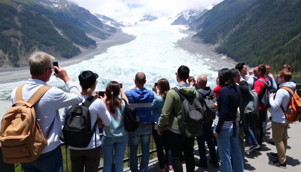 Tourists enjoying the view of Franz Josef Glacier Tourists enjoying the view of Franz Josef Glacier