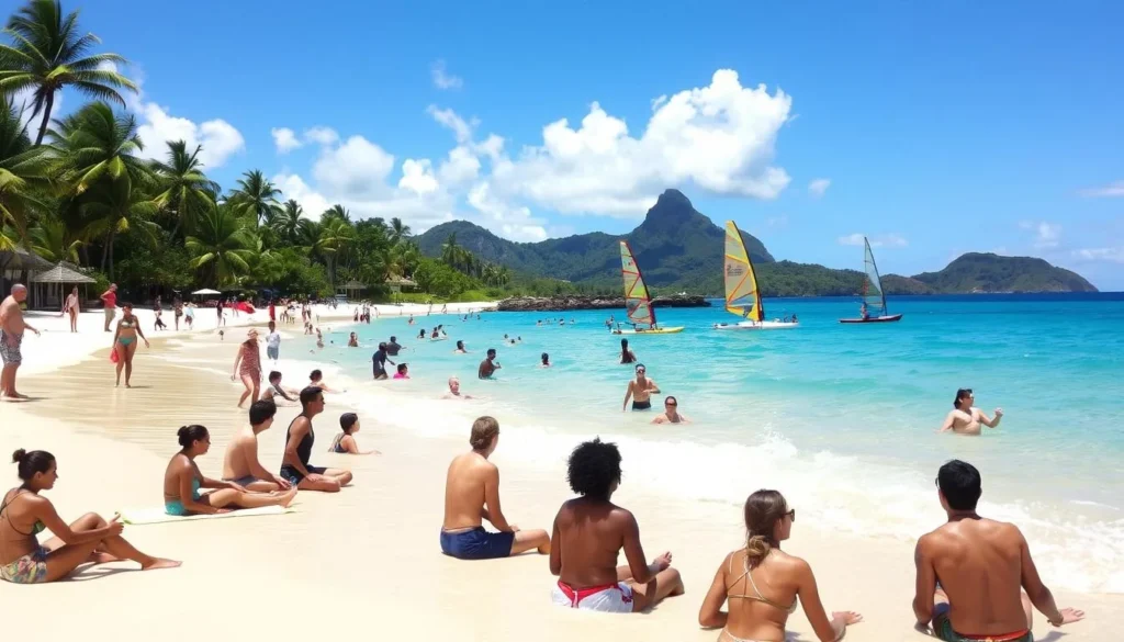 Tourists enjoying water activities at Anse de Sables beach