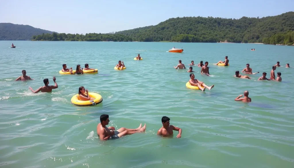 Tourists enjoying water activities on Lake Mainstay's tea-colored waters