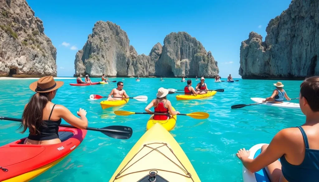 Tourists enjoying water sports like kayaking and paddleboarding at Cupecoy Tourists enjoying water sports like kayaking and paddleboarding at Cupecoy