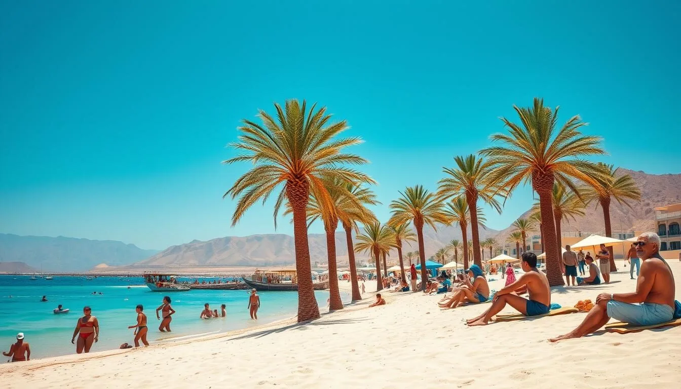 Tourists enjoying winter sunshine on Naama Bay beach in Sharm El-Sheikh with clear blue skies and calm waters