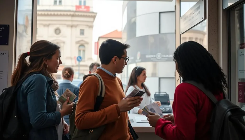 Tourists exchanging currency at a Zagreb exchange office with helpful staff assisting them