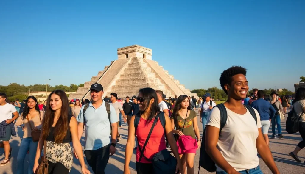 Tourists exploring Chichen Itza early in the morning with fewer crowds