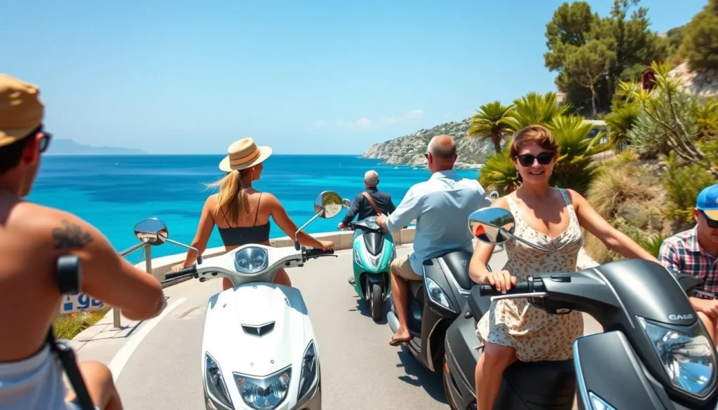 Tourists exploring Hvar on rented scooters along a coastal road with beautiful sea views
