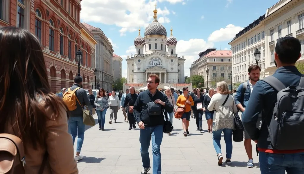 Tourists exploring Kaliningrad city center on foot near Victory Square