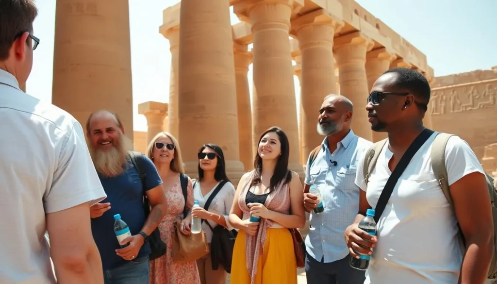 Tourists exploring Kom Ombo Temple with a guide explaining the historical significance of hieroglyphics Tourists exploring Kom Ombo Temple with a guide explaining the historical significance of hieroglyphics