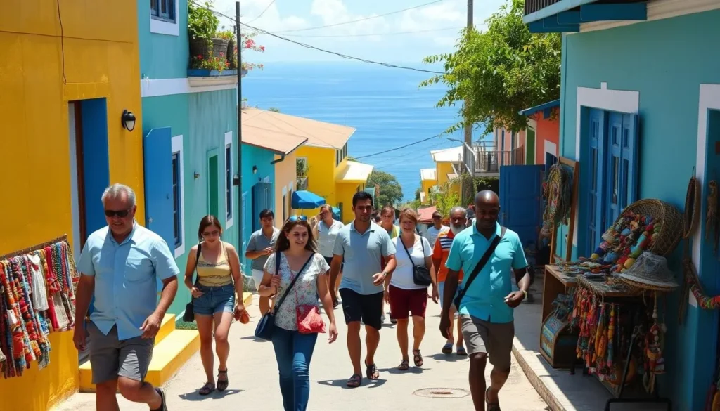 Tourists exploring Laborie village with colorful houses, local artisans, and coastal views