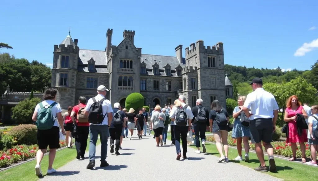 Tourists exploring Larnach Castle, New Zealand's only castle, on a sunny day