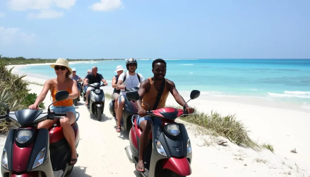 Tourists exploring Playa Paraiso Cayo Largo del Sur Cuba on rented scooters along the beach path Tourists exploring Playa Paraiso Cayo Largo del Sur Cuba on rented scooters along the beach path