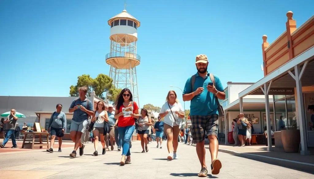 Tourists exploring Port Augusta on foot with the Water Tower Lookout visible in the background, showcasing Port Augusta South Australia best things to do