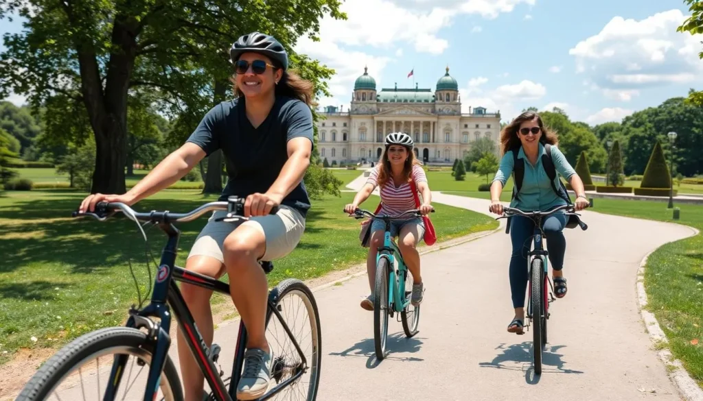 Tourists exploring Potsdam by bicycle near Sanssouci Park