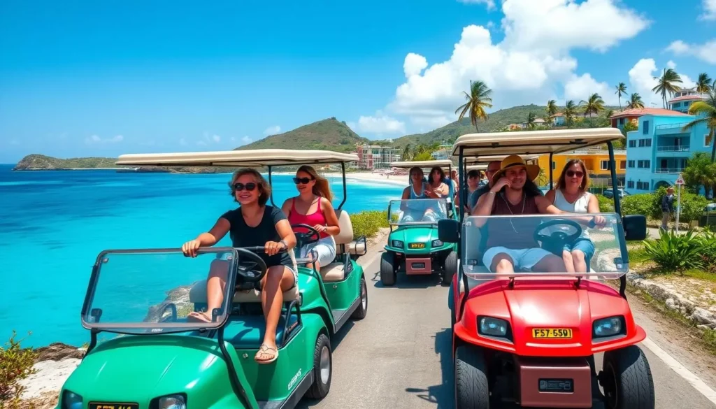 Tourists exploring Terre-de-Haut on rented electric golf carts on a sunny day