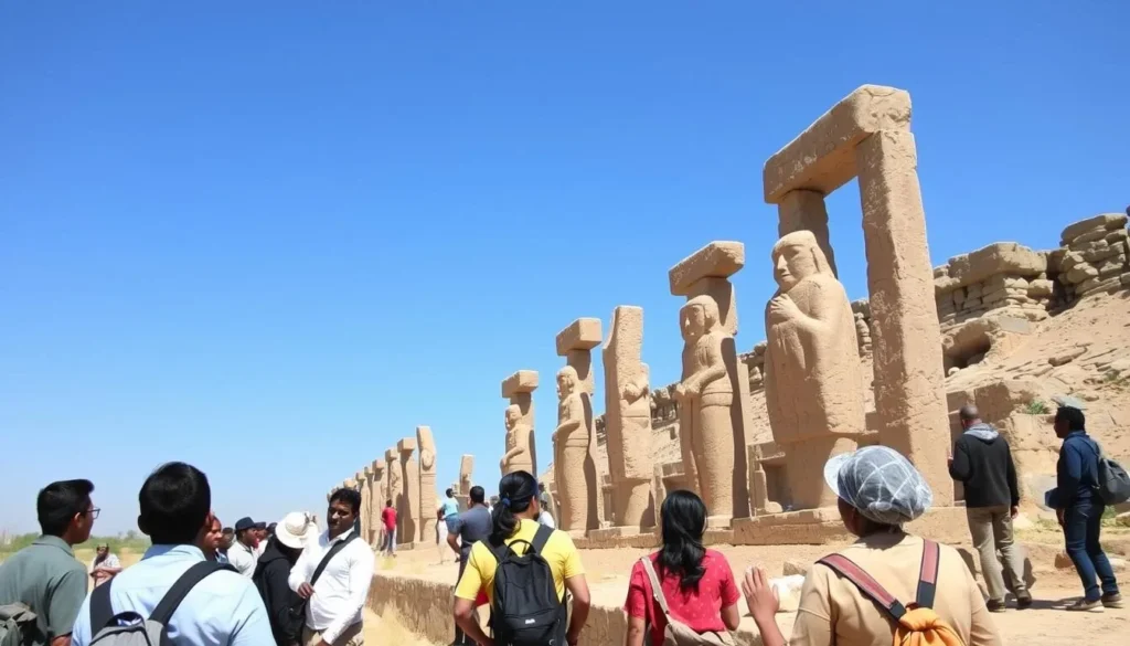 Tourists exploring Tiya Archaeological Site Ethiopia during the dry season