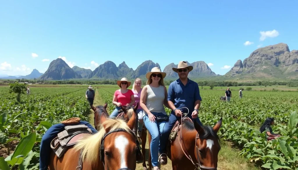 Tourists exploring Valle de Vinales on horseback with a local guide, riding between tobacco fields and mogotes