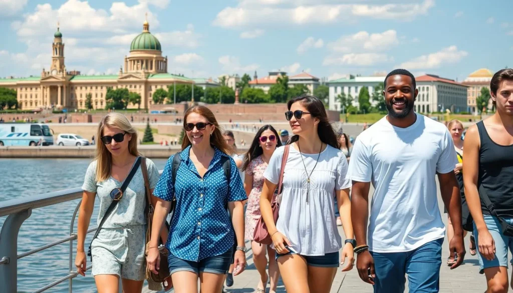 Tourists exploring Yekaterinburg city center near Plotinka dam on a sunny day