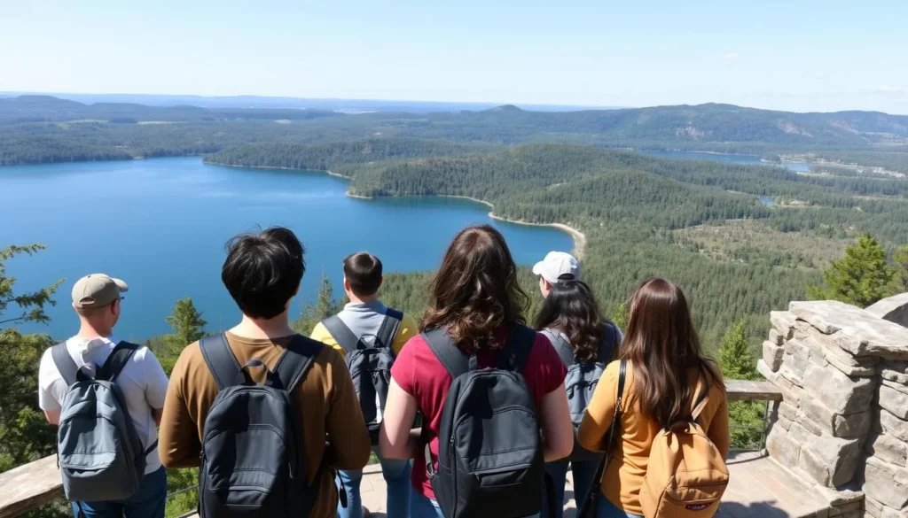 Tourists exploring a scenic viewpoint overlooking Lake Rudanovskoye Tourists exploring a scenic viewpoint overlooking Lake Rudanovskoye