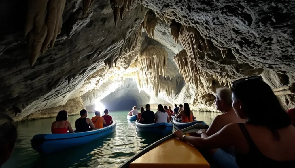 Tourists exploring the Cueva del Indio (Indian Cave) with its underground river in Valle de Vinales