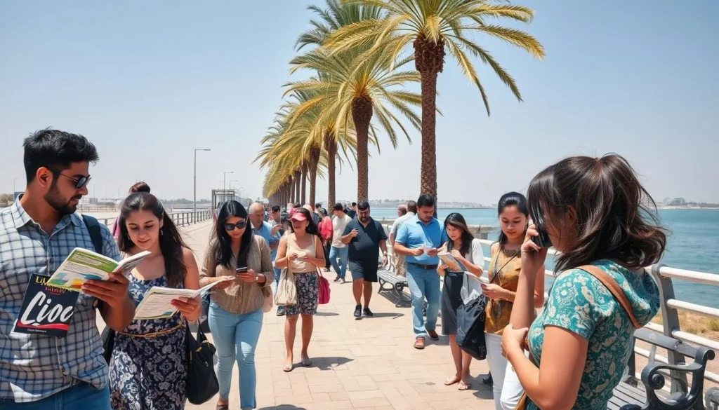 Tourists exploring the Ismailia Corniche with guidebooks and maps