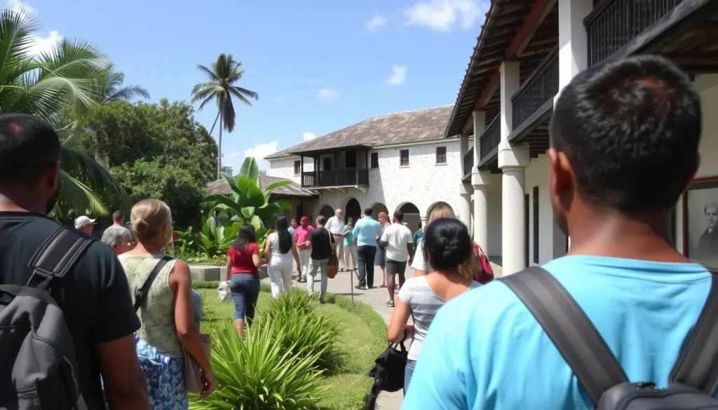Tourists exploring the Ogier-Fombrun Museum at Moulin Sur Mer in La Cote des Arcadins