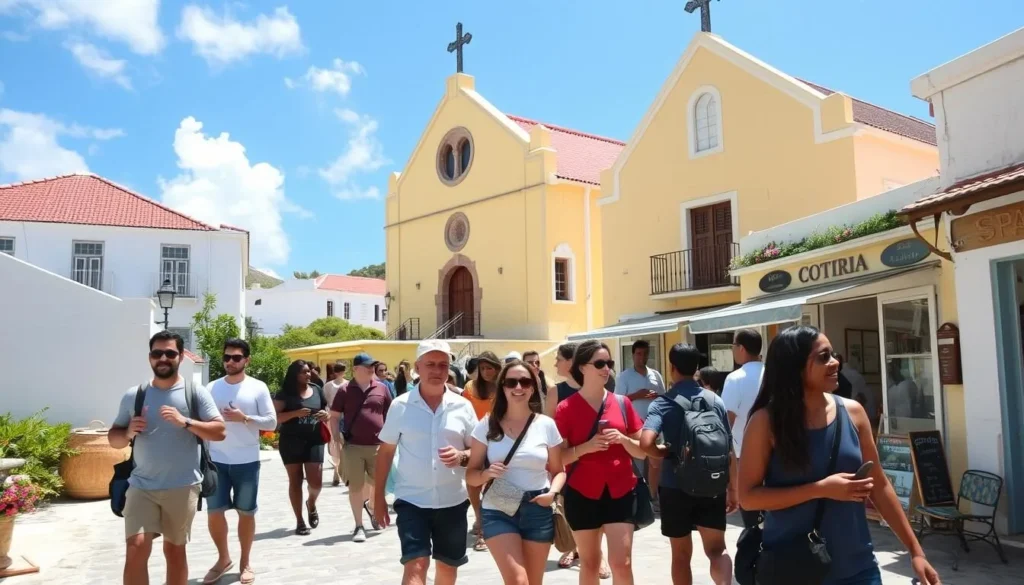 Tourists exploring the charming village of Lorient with its historic church and local shops