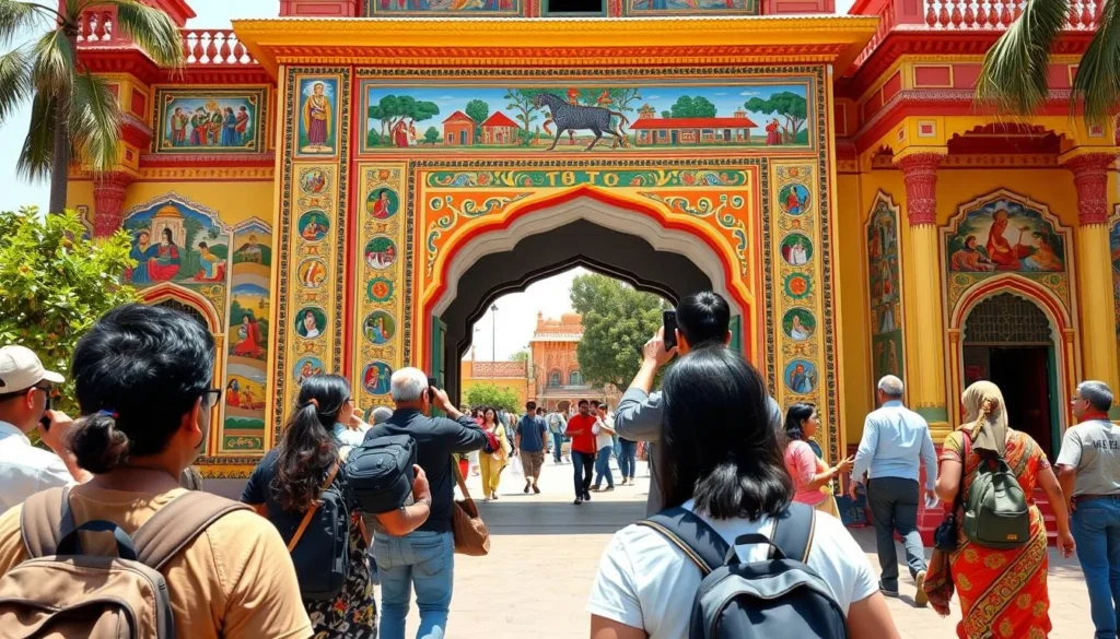 Tourists exploring the colorful Patrika Gate at Jawahar Circle Garden in Jaipur