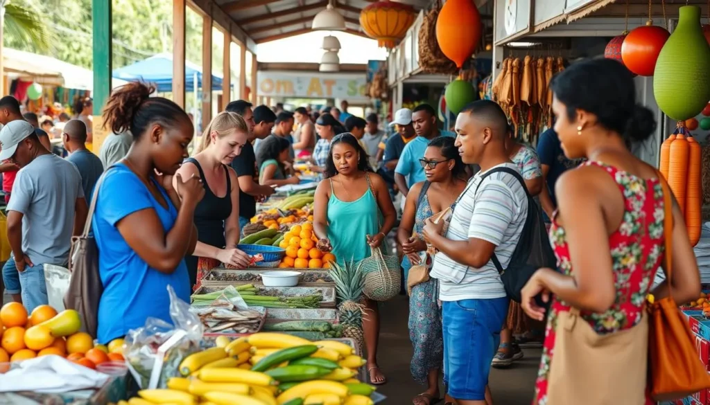 Tourists exploring the colorful Port Moselle Market in Noumea New Caledonia with fresh produce and local crafts Tourists exploring the colorful Port Moselle Market in Noumea New Caledonia with fresh produce and local crafts