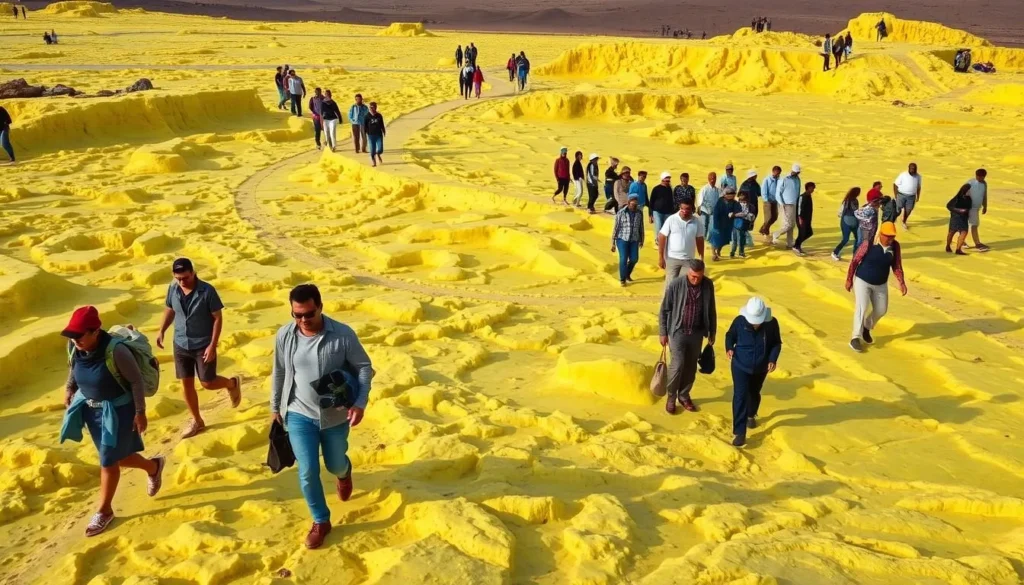 Tourists exploring the colorful sulfur formations at Dallol in the Danakil Depression during the cooler season