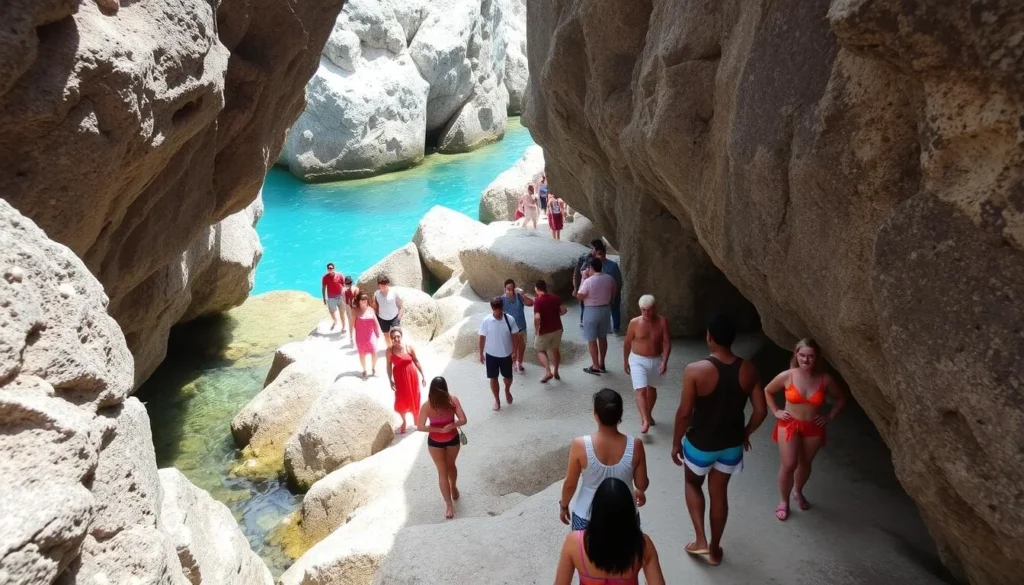 Tourists exploring the granite boulder formations at The Baths Virgin Gorda
