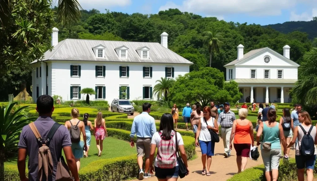 Tourists exploring the historic Montpelier Plantation in Nevis Tourists exploring the historic Montpelier Plantation in Nevis