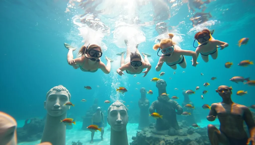 Tourists exploring the underwater museum MUSA in Cancun with colorful fish swimming around sculptures Tourists exploring the underwater museum MUSA in Cancun with colorful fish swimming around sculptures