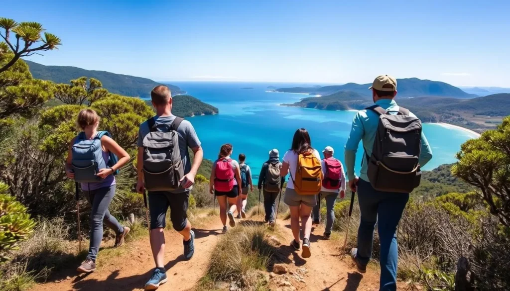 Tourists hiking along the Abel Tasman Coast Track with ocean views