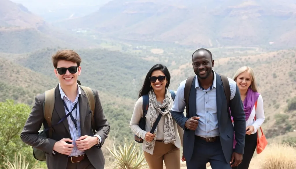 Tourists hiking in the Aravalli Hills near Udaipur with panoramic views of the countryside