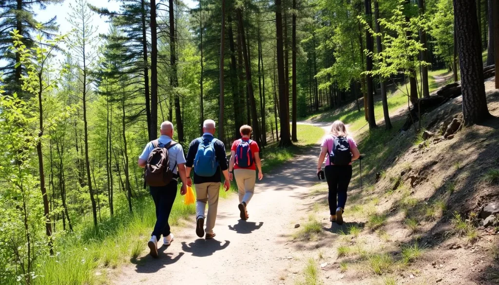 Tourists hiking on a trail through the forested area of Tunkinsky National Park Tourists hiking on a trail through the forested area of Tunkinsky National Park