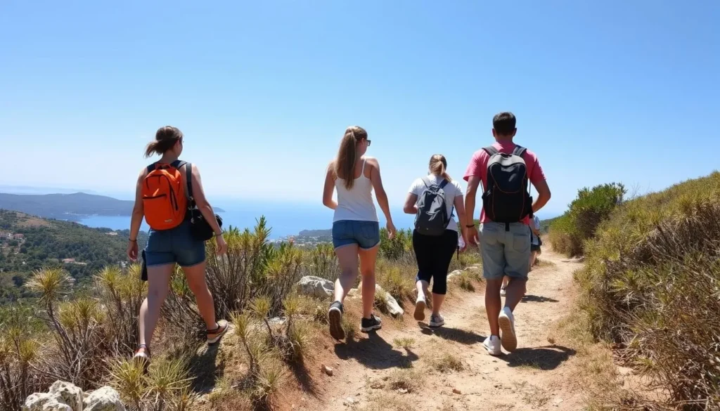 Tourists hiking on a trail towards Vidova Gora on Brac Island