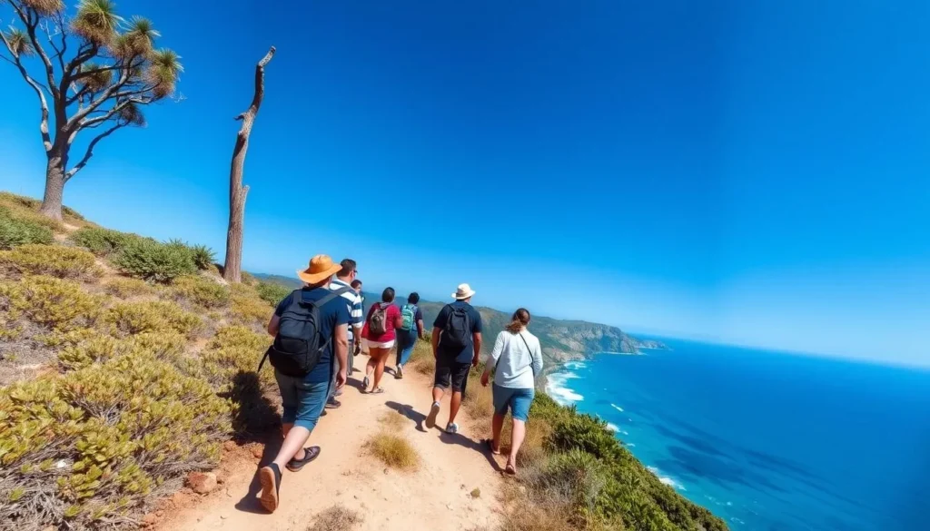 Tourists hiking on the Cape to Cape Track near Dunsborough with ocean views Tourists hiking on the Cape to Cape Track near Dunsborough with ocean views