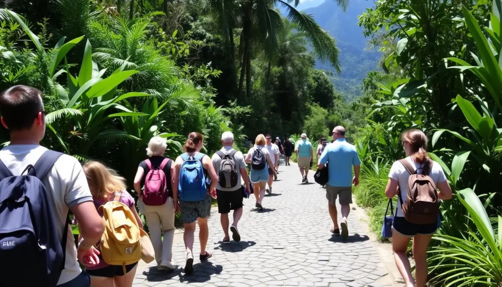 Tourists hiking the trail to Citadelle Laferrière through lush vegetation