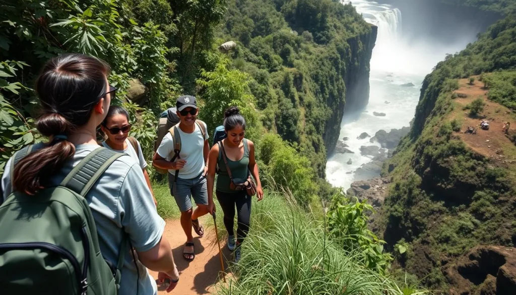 Tourists hiking to the top of Murchison Falls with view of the gorge Tourists hiking to the top of Murchison Falls with view of the gorge