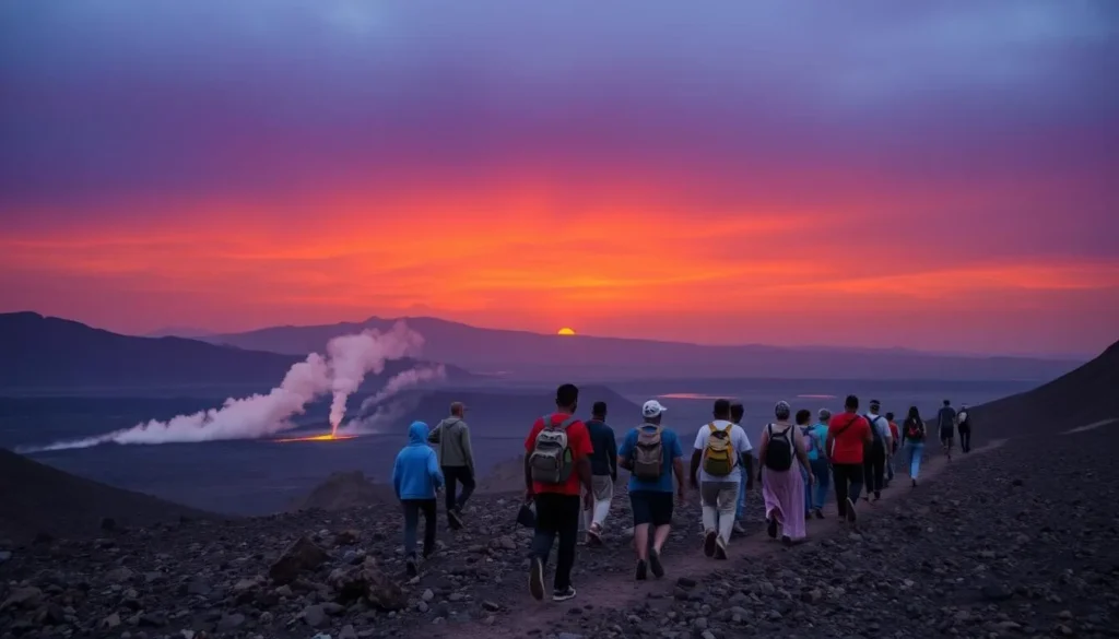 Tourists hiking toward Erta Ale volcano in the Danakil Depression at dusk