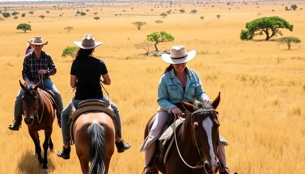 Tourists horseback riding with local vaqueros across the Rupununi savannah