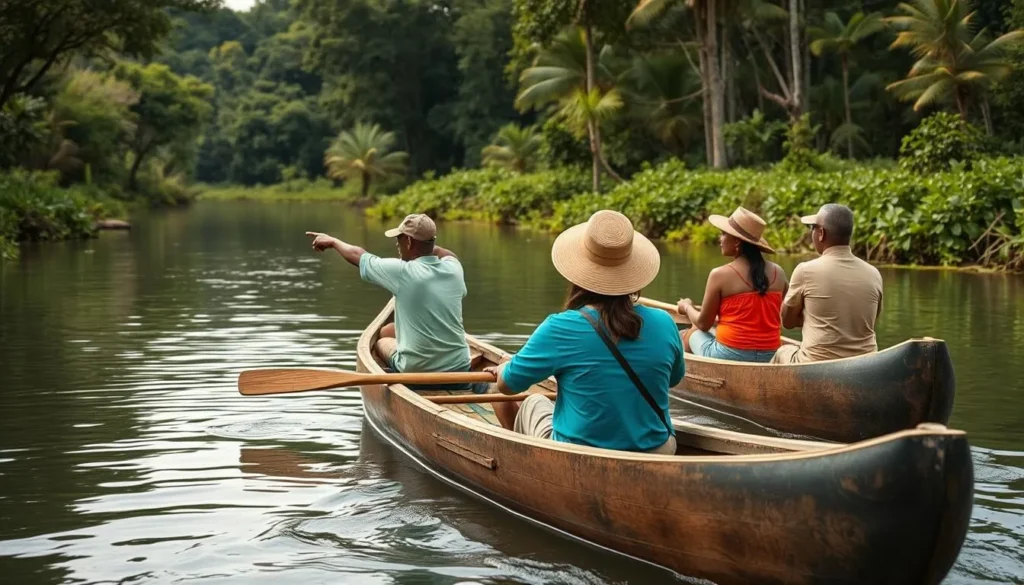 Tourists in canoes exploring the Rupununi River with a local guide pointing out wildlife