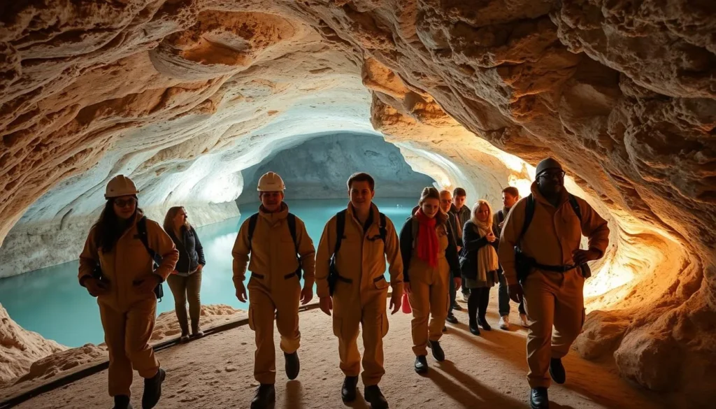 Tourists in protective overalls exploring the Berchtesgaden Salt Mine with underground lake