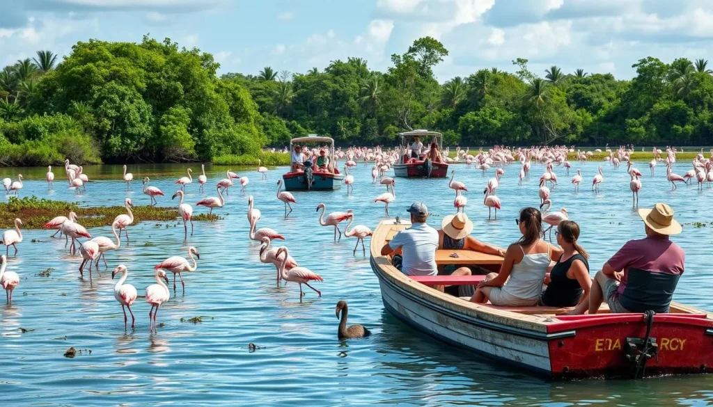 Tourists in small boats observing flamingos at Laguna Guanaroca near Cienfuegos Tourists in small boats observing flamingos at Laguna Guanaroca near Cienfuegos
