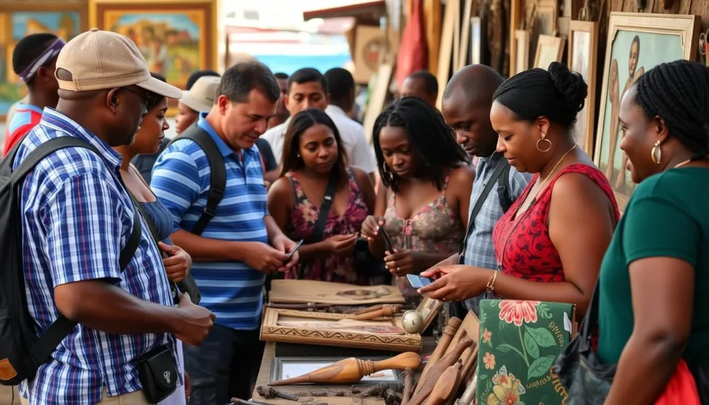 Tourists interacting respectfully with local Haitian vendors at a craft market